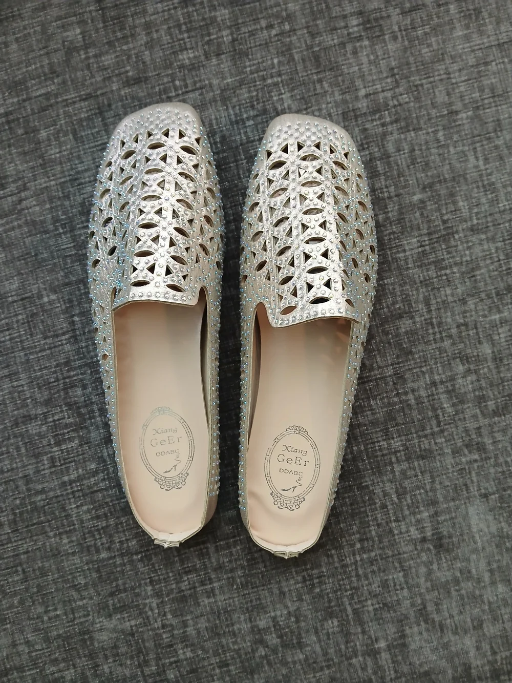 Laser-Cut Embellished Slip-On Flats in Champagne